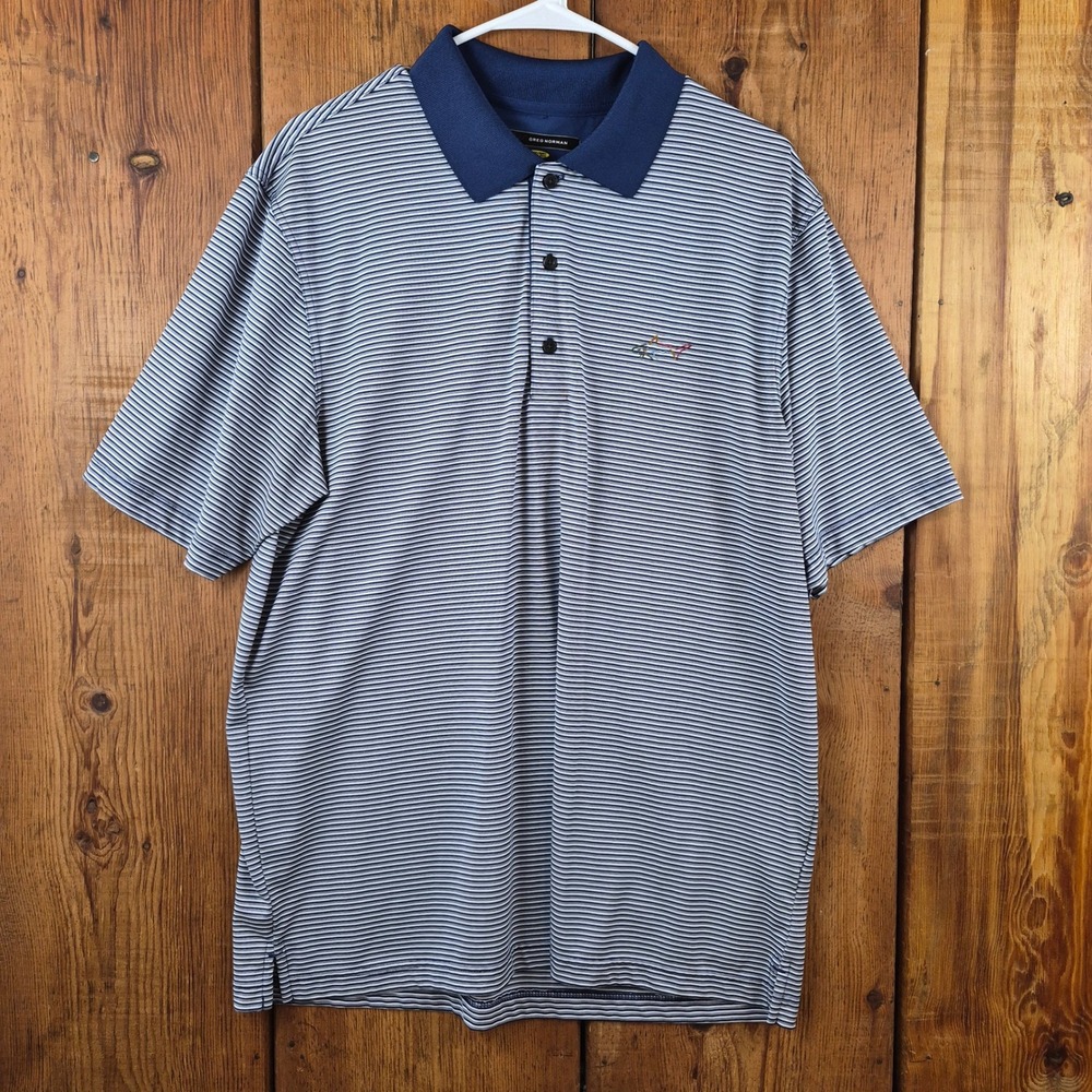 Greg Norman Play Dry Mens Blue White Striped Golf Polo Shirt Large